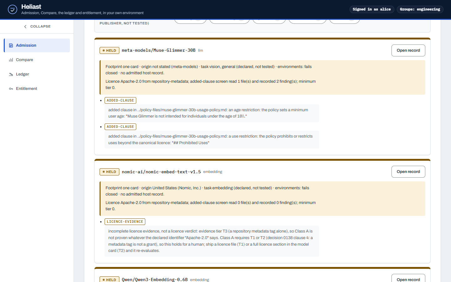 The held and rejected candidates behind their own control, each with the gate's verbatim reason: an age restriction and prohibited uses in a usage policy, and a licence-evidence hold where a repository metadata tag is not a grant.