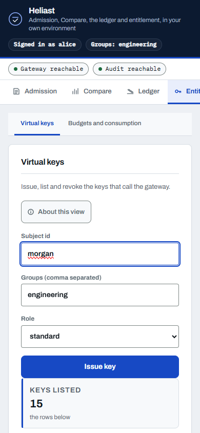 The same issued key at 390px.